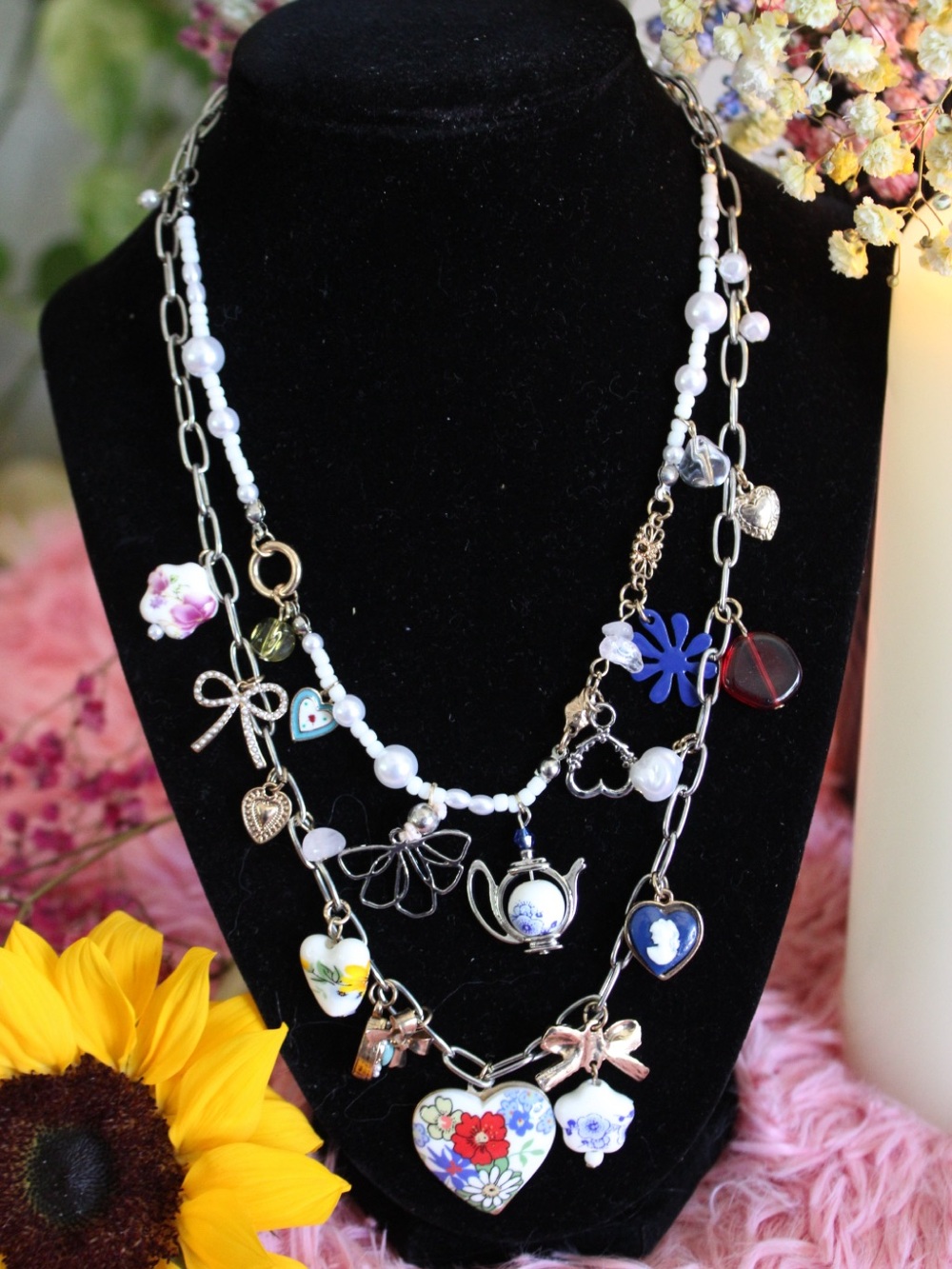 NWT Free People Layered Pearl Floral Charm Necklace MSRP $68 - Picture 7 of 14